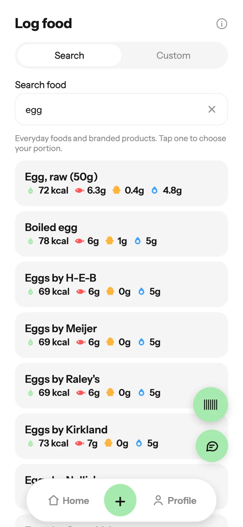 Eatrace Food Search: everyday foods and portion sizes to log at home