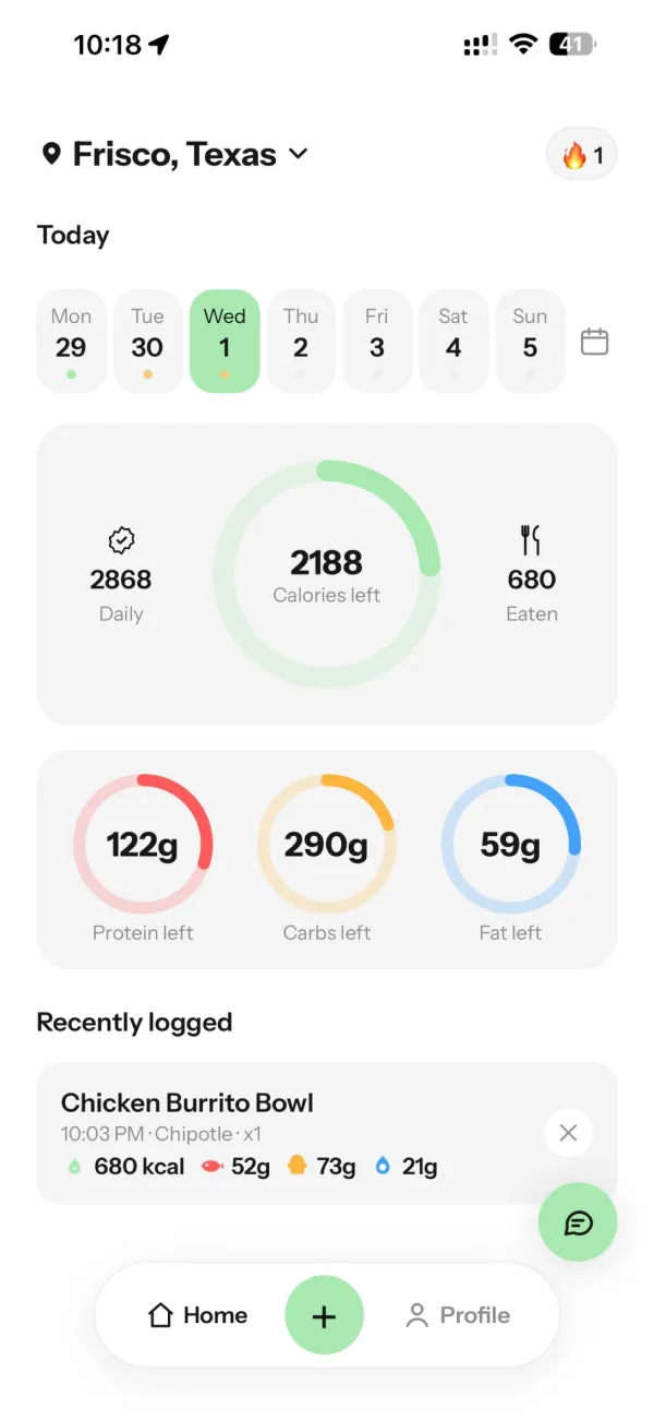 Eatrace daily log with remaining calories, protein, carbs and fat, and a logged restaurant meal