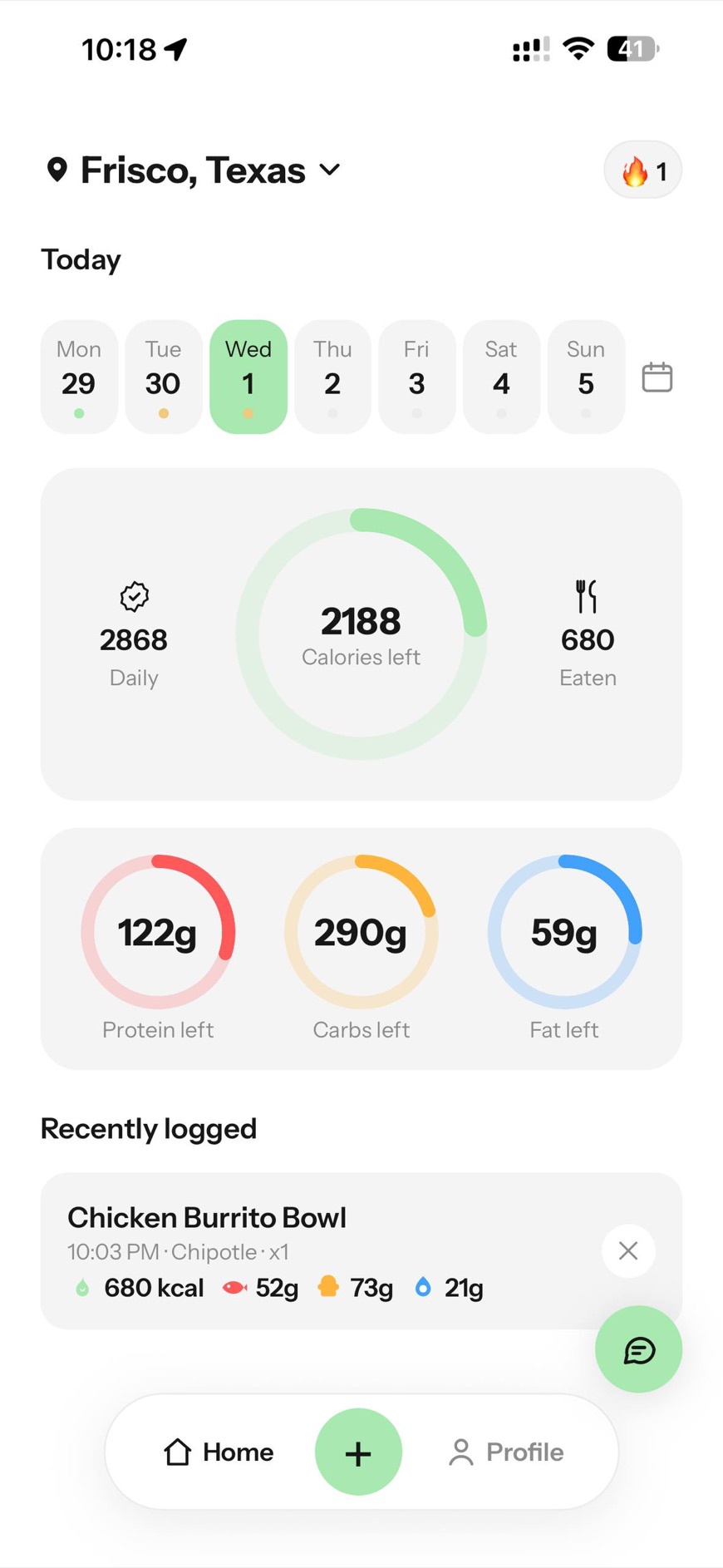 Eatrace home screen showing calories and macros left for the day, with a Chipotle Chicken Burrito Bowl just logged