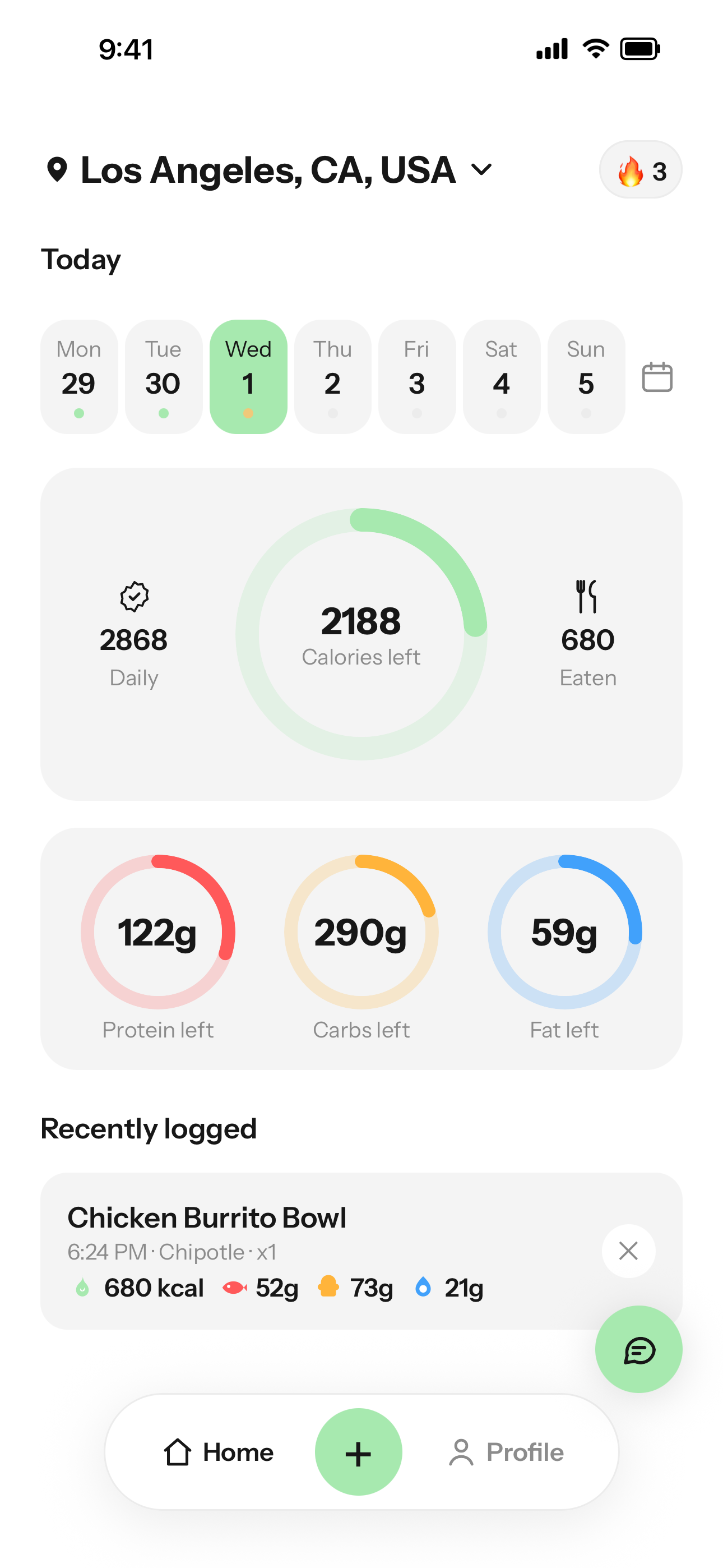 Eatrace home screen showing calories and macros left for the day, with a Chipotle Chicken Burrito Bowl just logged
