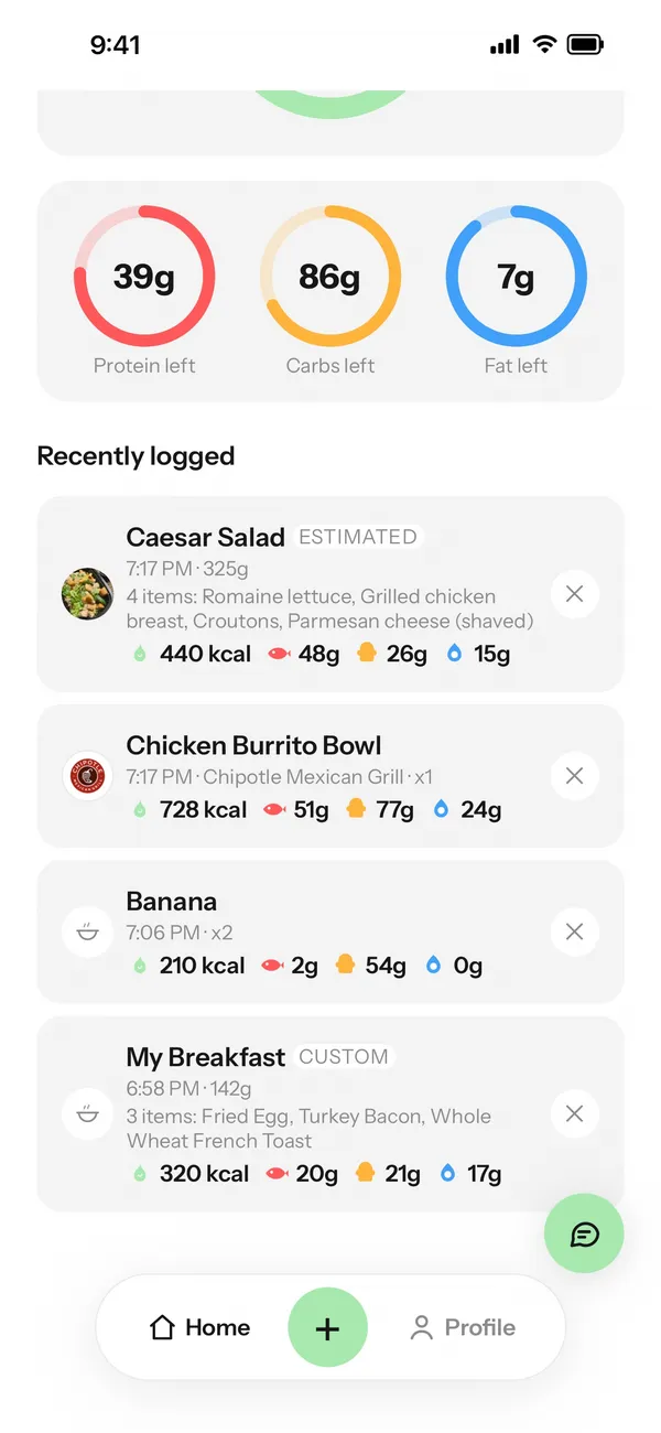 One daily log for breakfast, scanned food and restaurant meals, with remaining daily macros