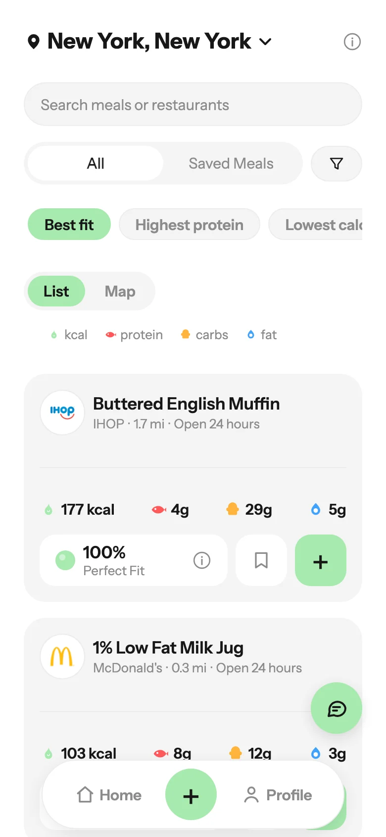 Eatrace Nearby Restaurant Meals ranked by Fit Score for the daily calories and macros remaining